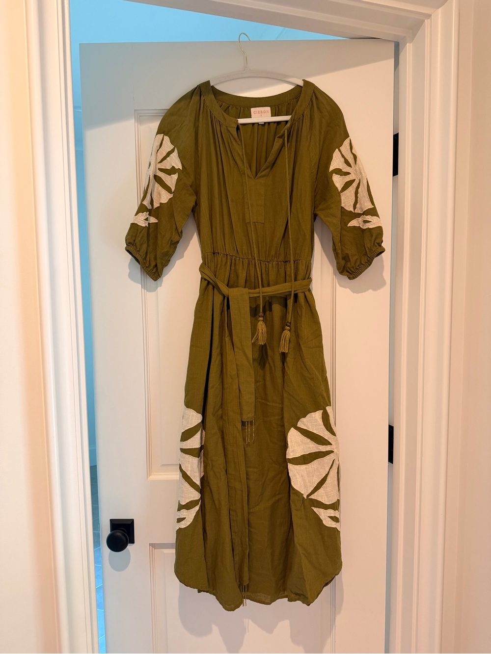 Ciebon Olive Green Embroidered Midi Dress with Tassel Belt